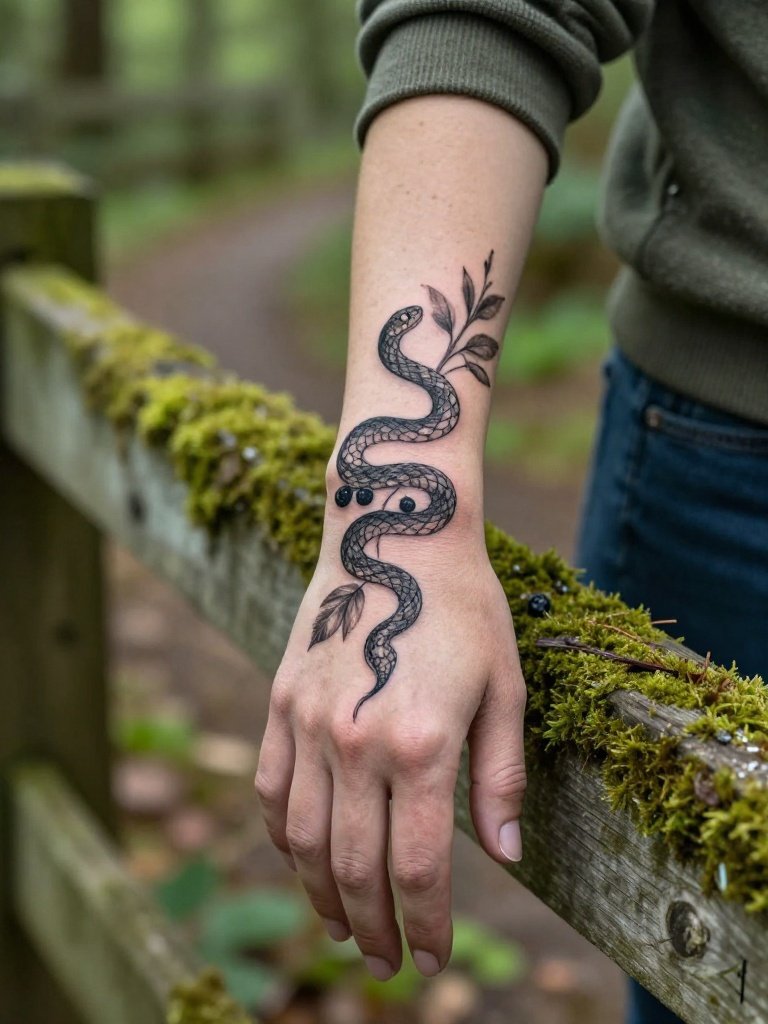  Botanical Snake Hand Tattoo With Wild Leaves