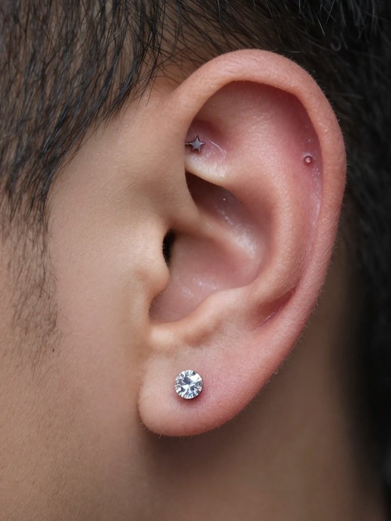 Double Ear Piercing Men With A Gem Stud And Star Stud