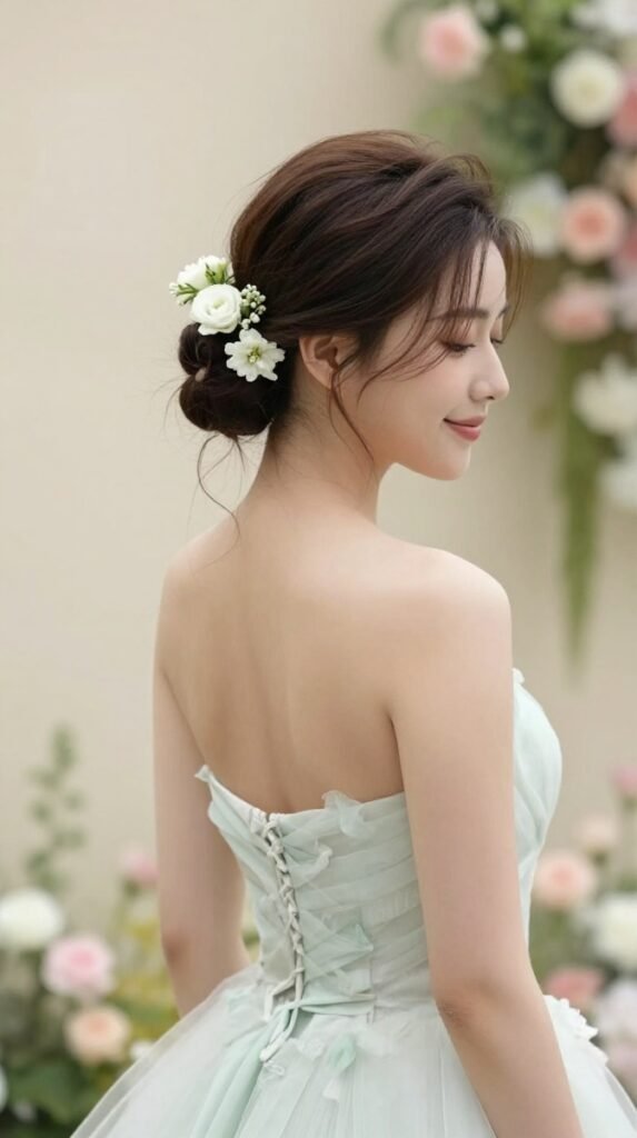 9. Floral Low Bun Updo With Small Wedding Flowers