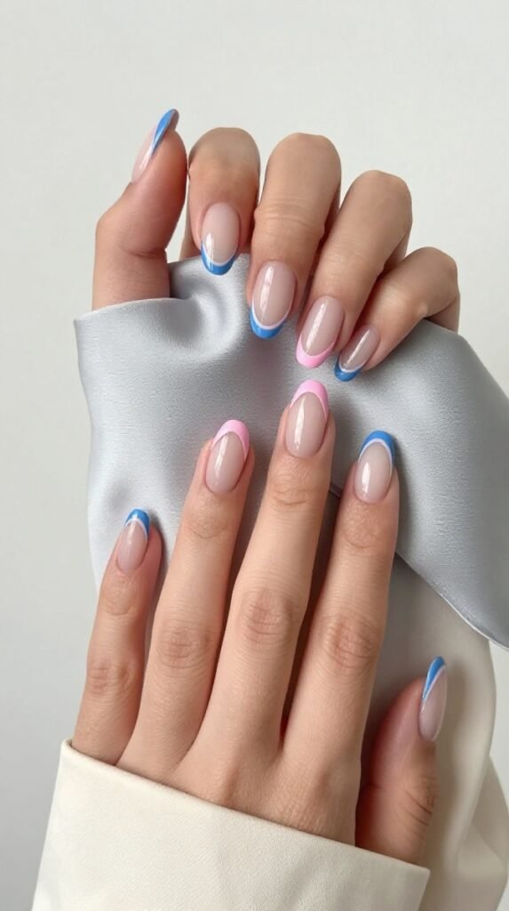 Pink and Blue French Tip Nails: 18 High-Quality Designs Worth Saving 10 10. Pink and Blue French Tip Nails With Double-Line Detail