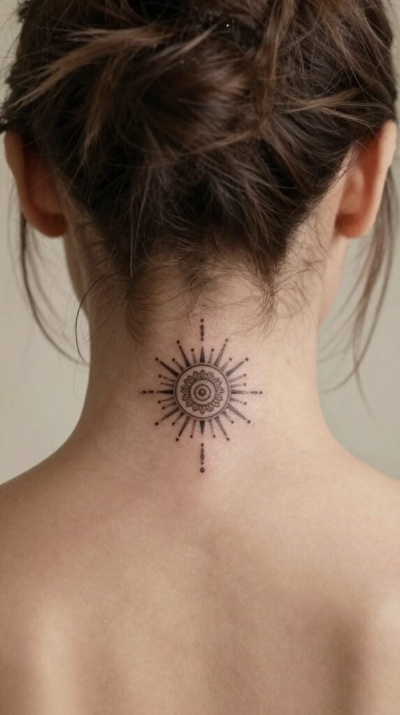 8. Back-of-Neck Ornamental Tattoo With Sunburst Details