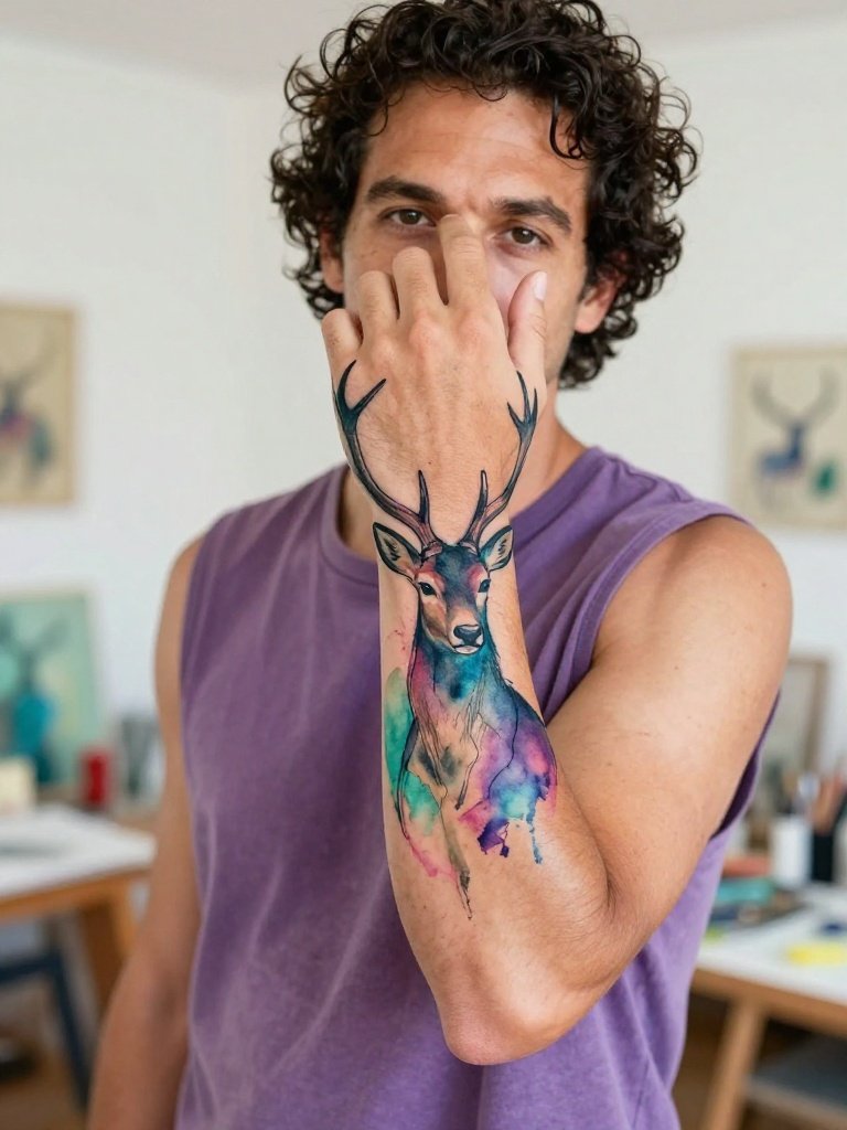 13. Watercolor Stag Forearm Tattoo Men With Teal Washes