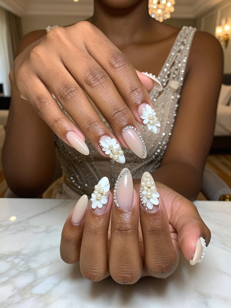 2. Wedding Nails Designs With Pearl Crescents and Crystal Flowers