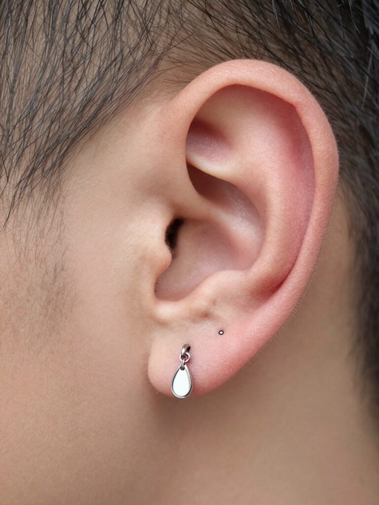 Double Ear Piercing Men With A Huggie And Tiny Drop Charm