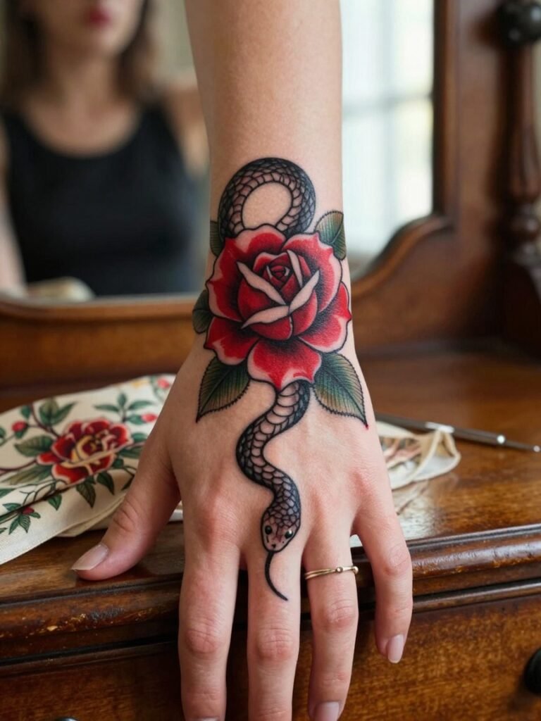 Traditional Rose Snake Hand Tattoo for Women