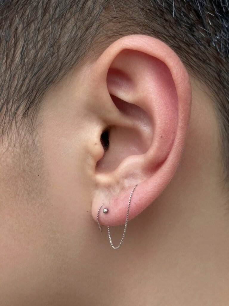 Double Ear Piercing Men With A Chain Connector