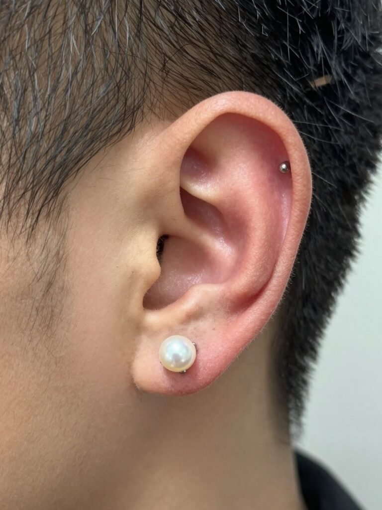 Double Ear Piercing Men With Pearl And Metal Studs