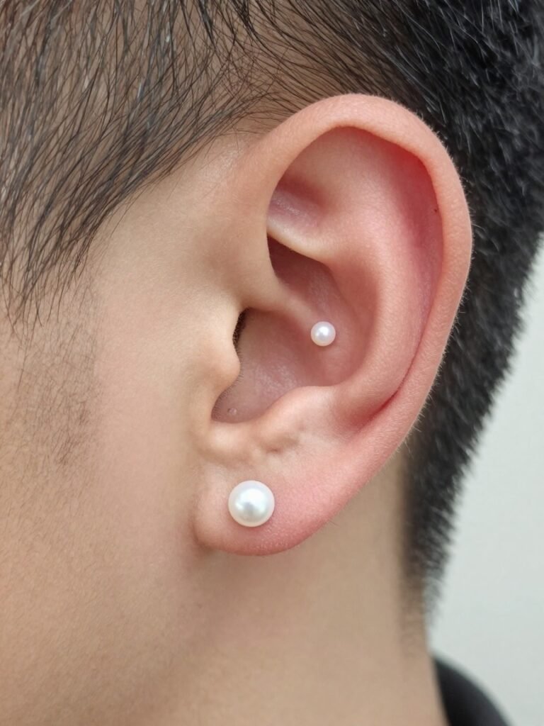 Double Ear Piercing Men With Two Clean White Studs