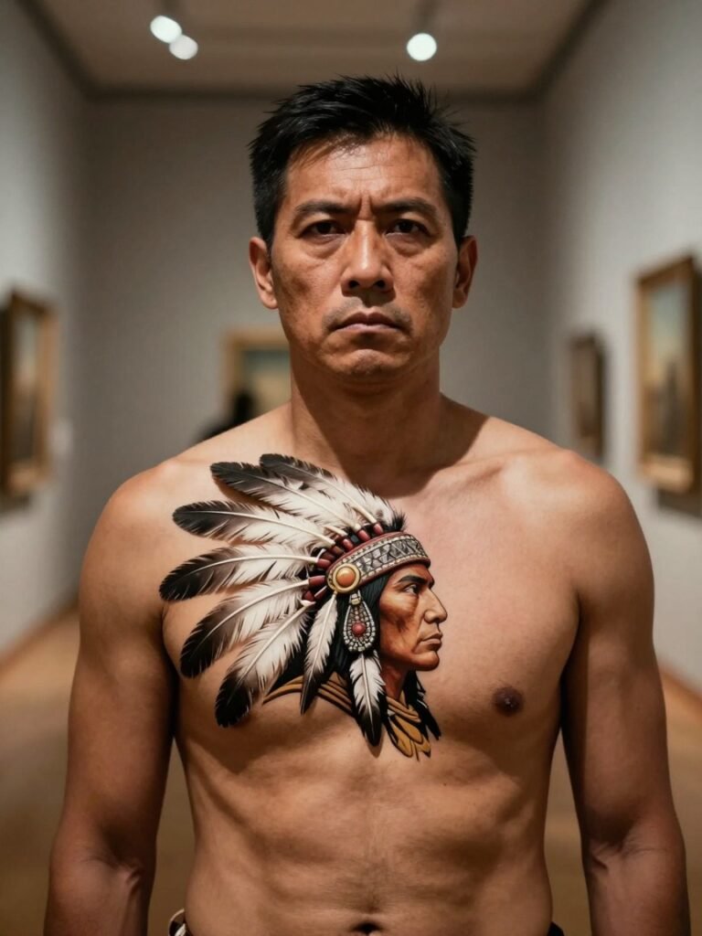 21 Chest Tattoos For Men: Trending And Iconic Ideas 12 Native American Warrior Portrait With Feather Headdress