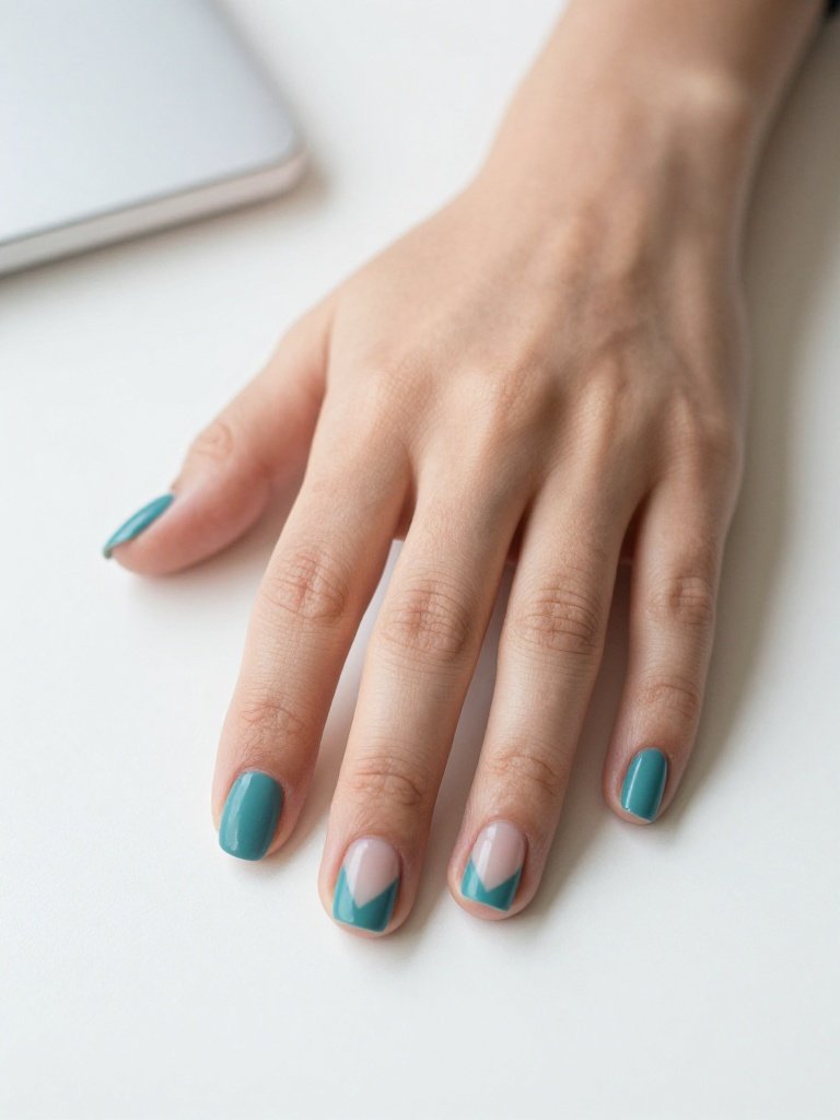  Short Teal Nails With Negative Space Geometric Cutouts