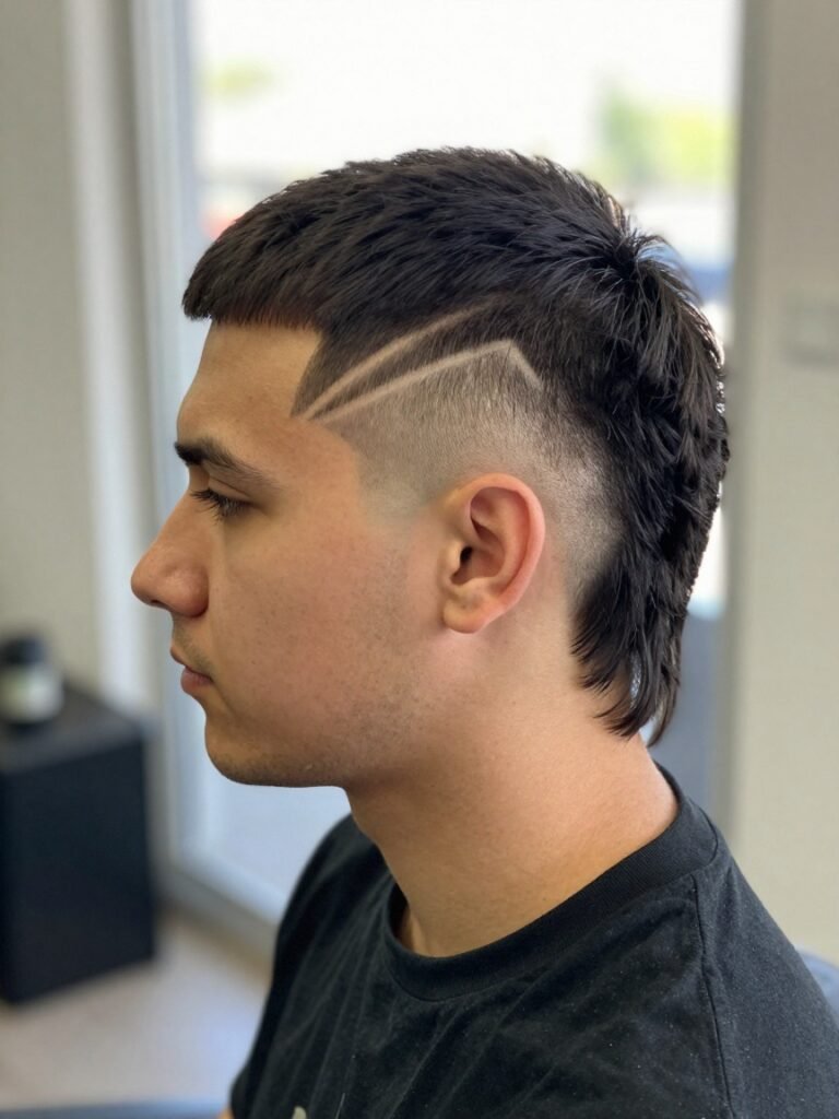 Mullet Hairstyle Mens With Shaved Design Lines