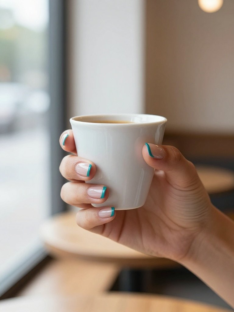Teal French Tip Nails on a Sheer Nude Base