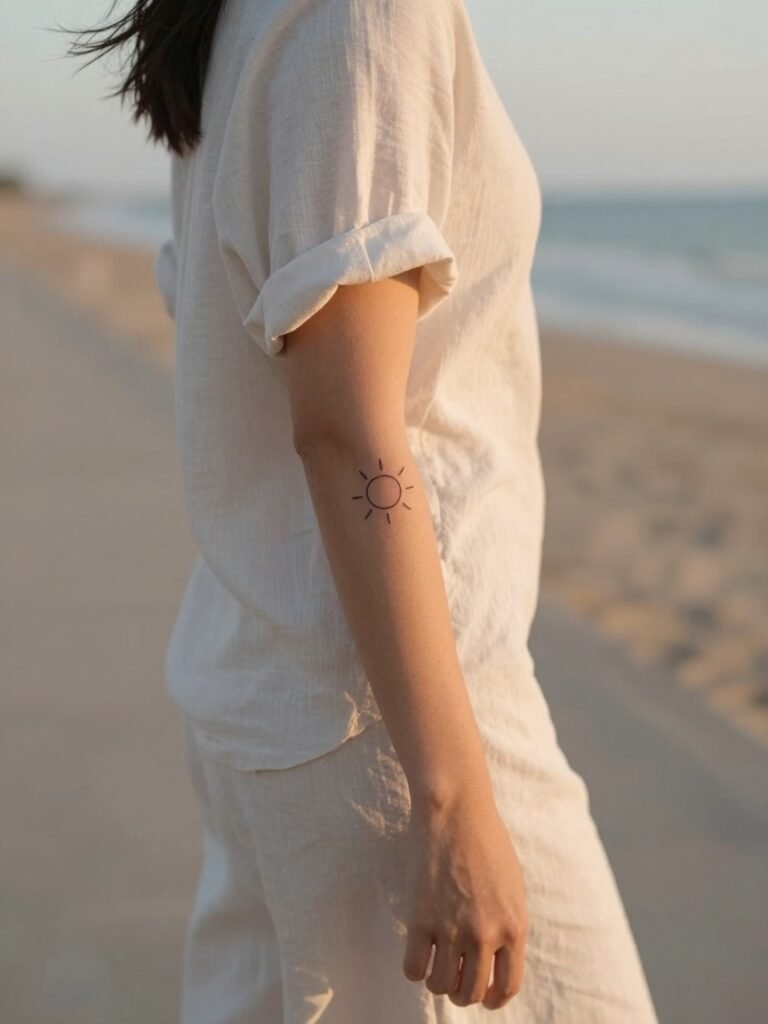 Minimalist Linework Sun Above Elbow Tattoo
