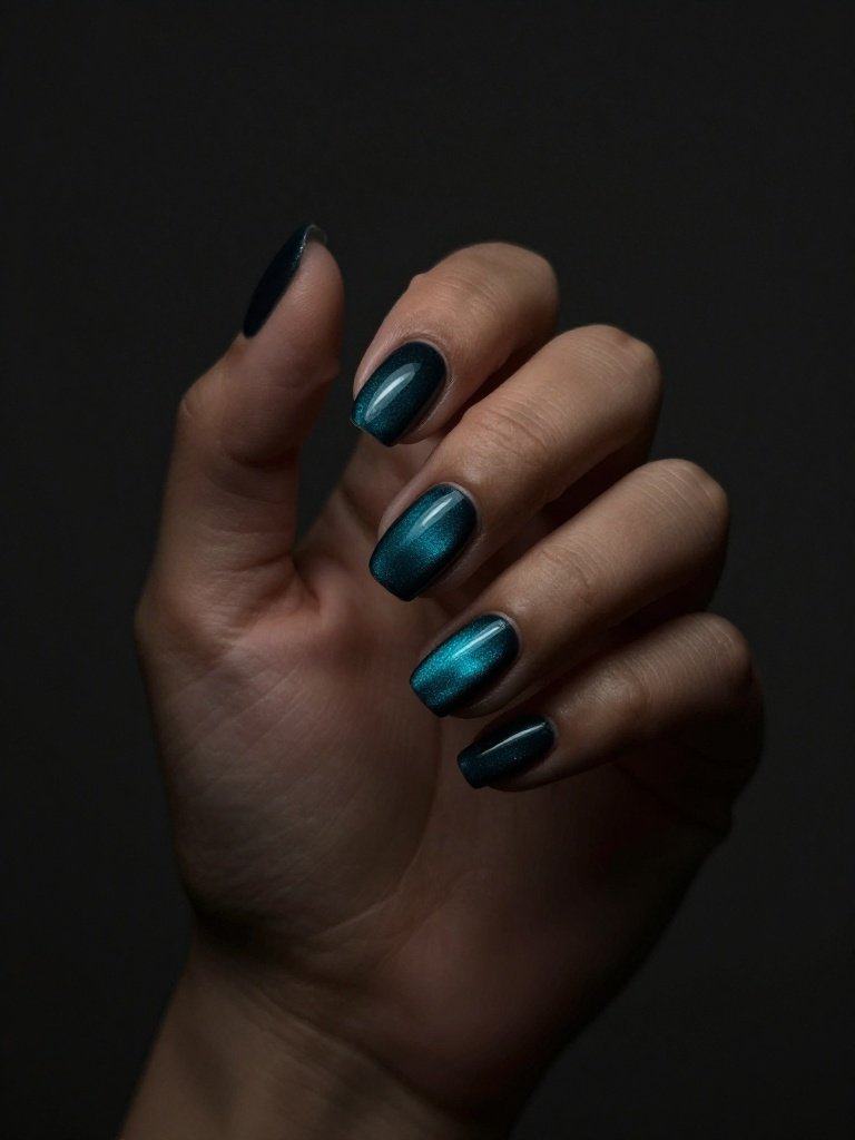  Dark Teal Velvet Cat-Eye Nails With Magnetic Shimmer