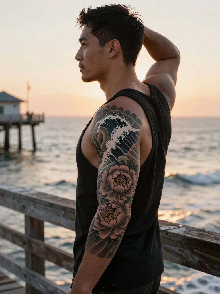 Japanese Wave and Peony Sleeve Tattoo for Men