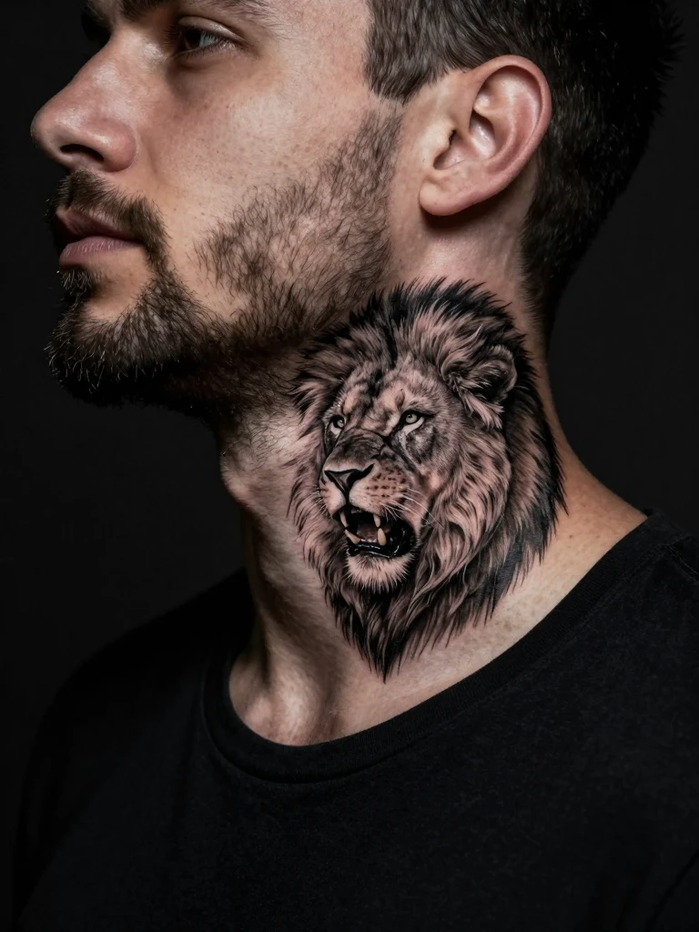  Lion Portrait – A Powerful Men's Neck Tattoo