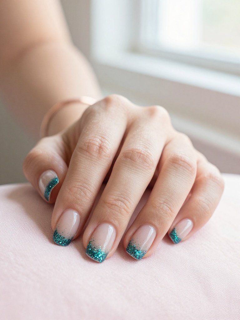 Teal Nails With Glitter Fading From Tip to Cuticle