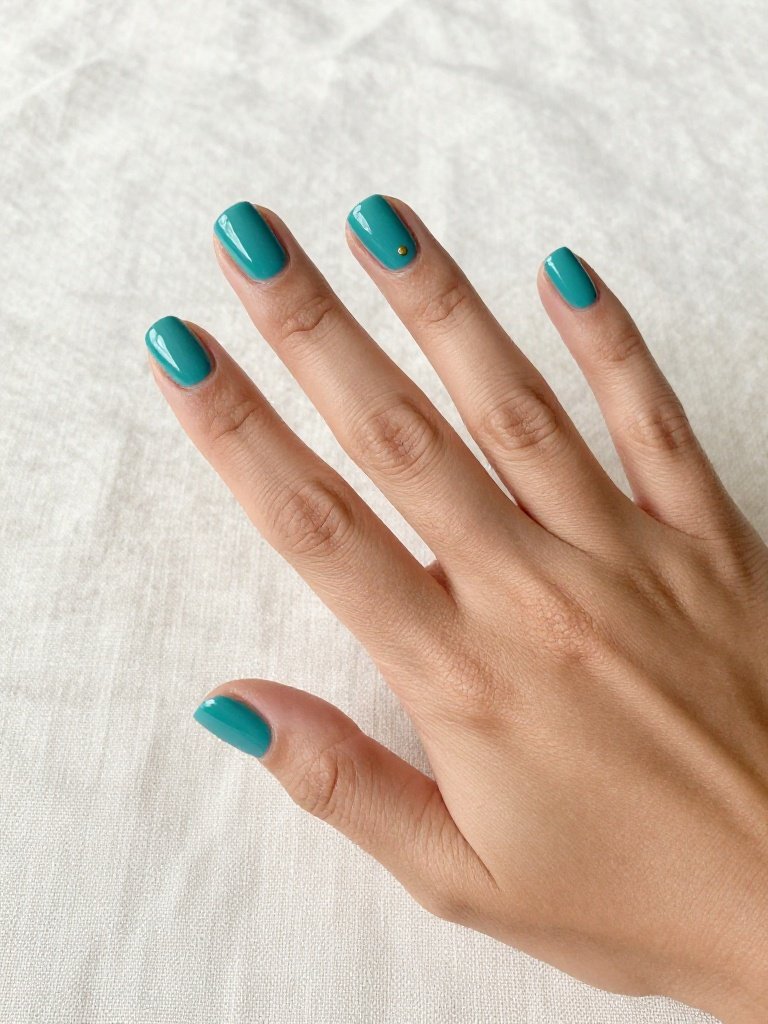 Short Teal Nails With a Single Gold Accent Dot