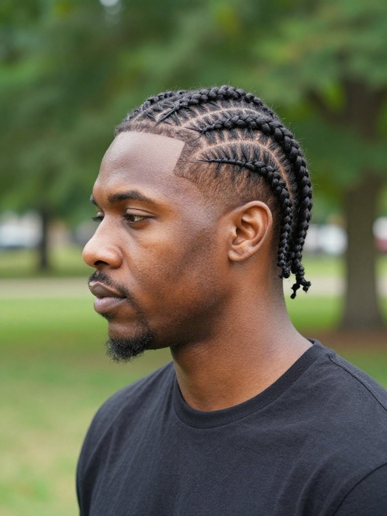 Men Braids Hairstyles With Sharp Stitch Cornrows and a Taper