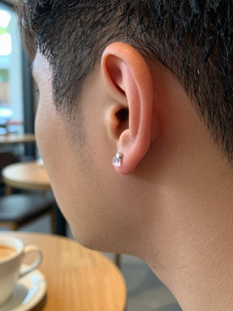 Men Ear Piercing With Double Square Lobe Studs