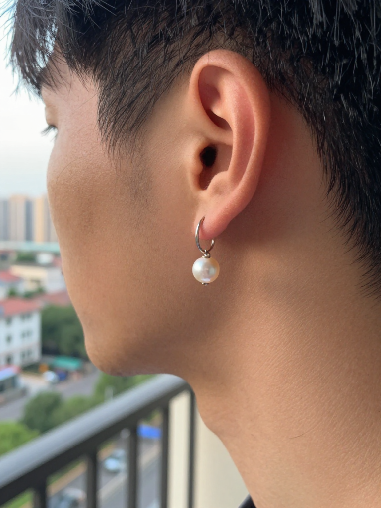 Men Ear Piercing With a Pearl-Drop Hoop