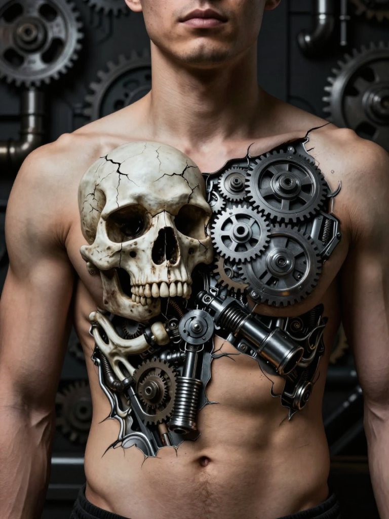 21 Chest Tattoos For Men: Trending And Iconic Ideas 21 Chest Tattoos For Men Biomechanical Skull Chest Panel