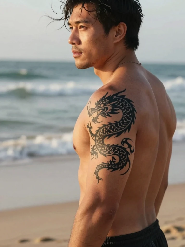 14 Iconic Dragon Tattoo Men Ideas With Insider Tips 6 Tribal Dragon Tattoo Men: Polynesian-Inspired Coil