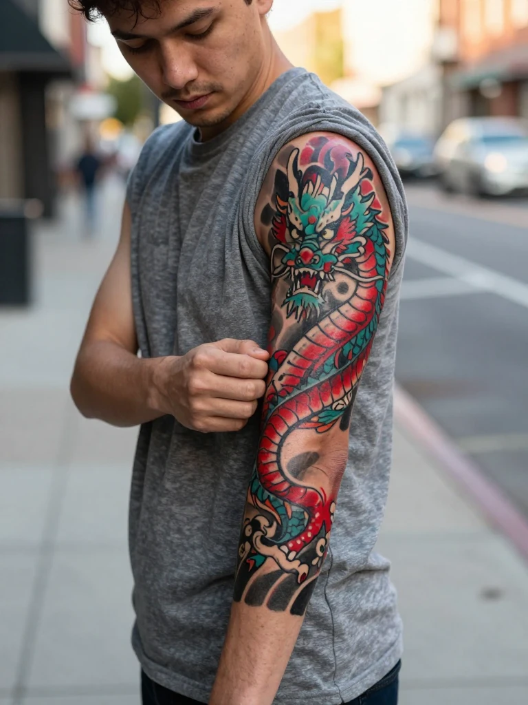 14 Iconic Dragon Tattoo Men Ideas With Insider Tips 10 Neo-Traditional Dragon Tattoo Men: Bold Color Piece