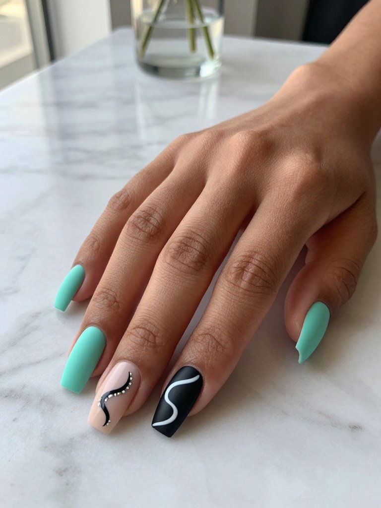 teal Coffin Nails With a Nude Swirl-Art Accent