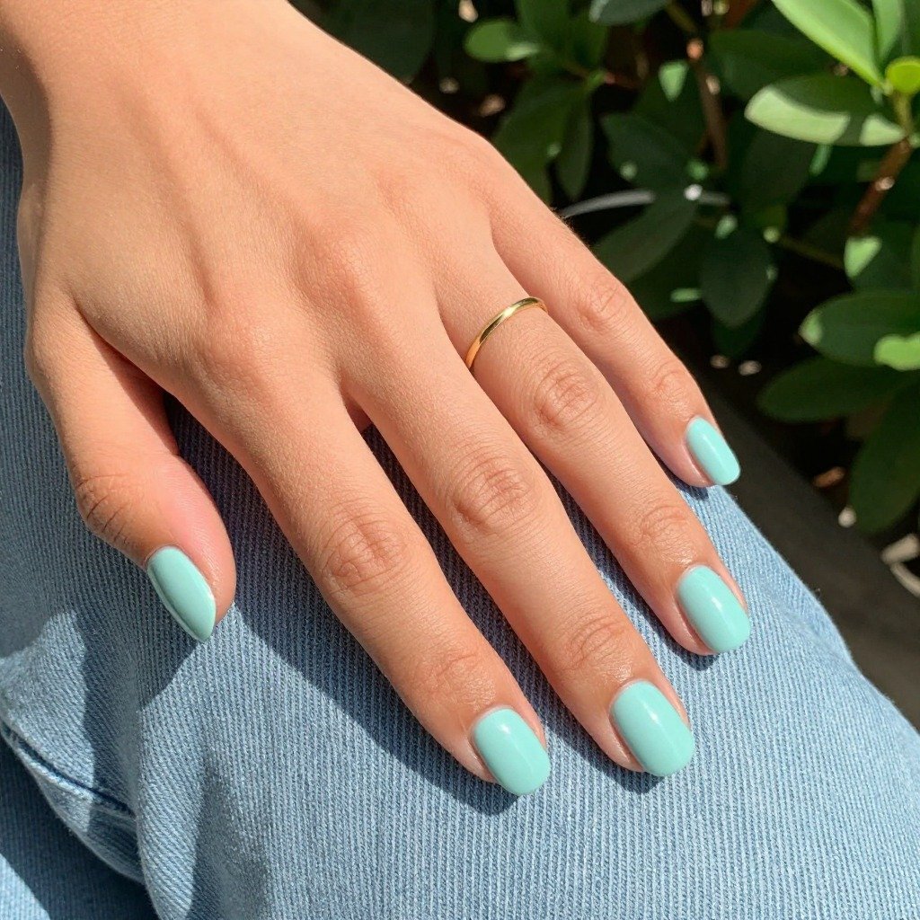 Light Teal Nails in a Simple Round Shape