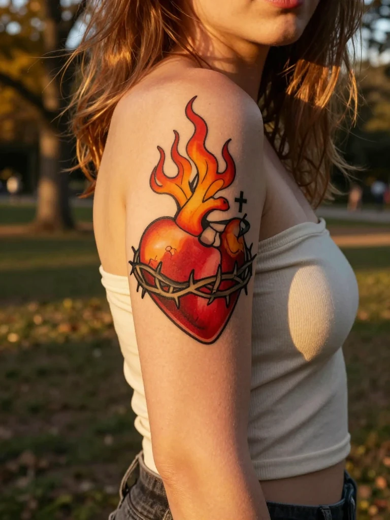 16 Traditional Heart Tattoo Ideas That Still Feel Iconic 2 The Flame and Thorn Traditional Heart Tattoo