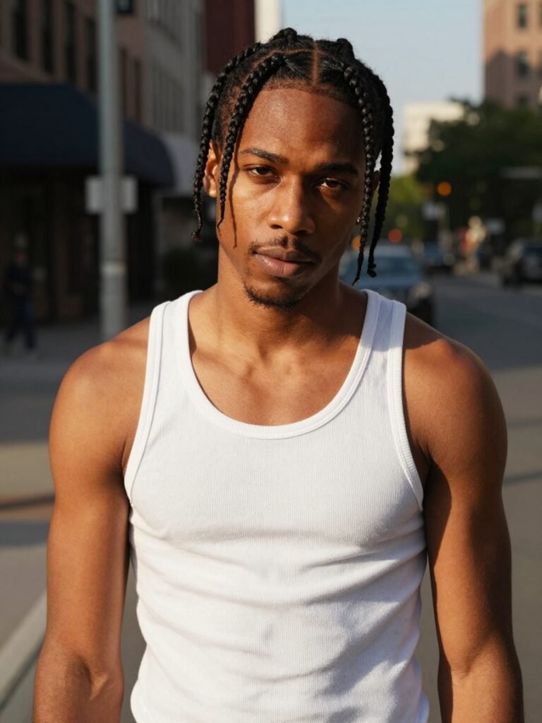 Men Braids Hairstyles Pop Smoke Middle-Part Cornrows