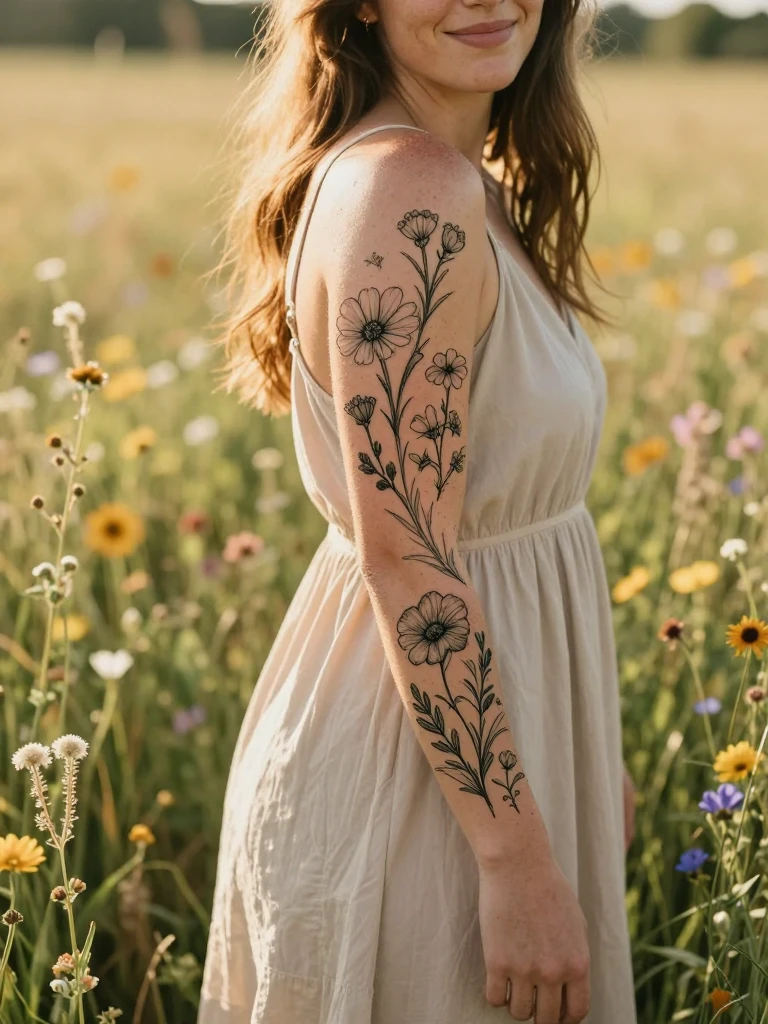 Wildflower Meadow Sleeve Tattoos Women