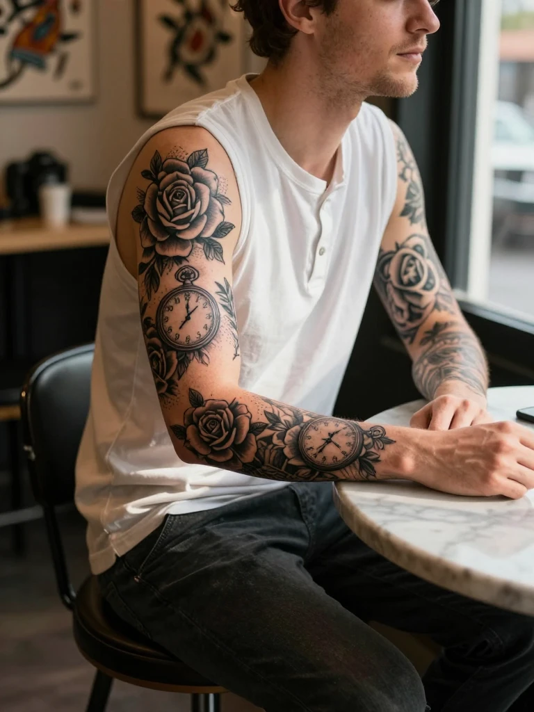 Freehand Blackwork Patchwork Sleeve Tattoo for Men