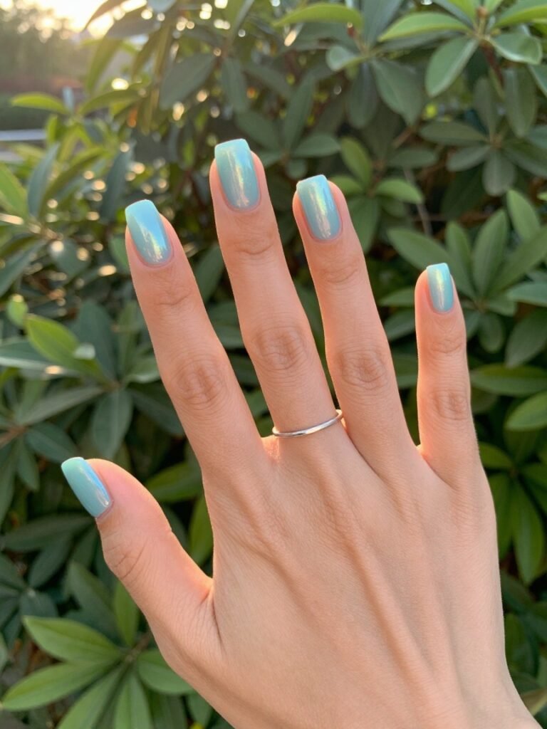 Holographic Light Teal Square Nails