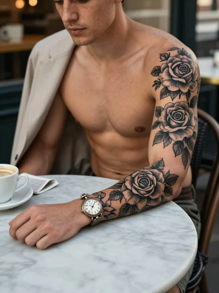  Rose and Pocket Watch Sleeve Tattoo for Men