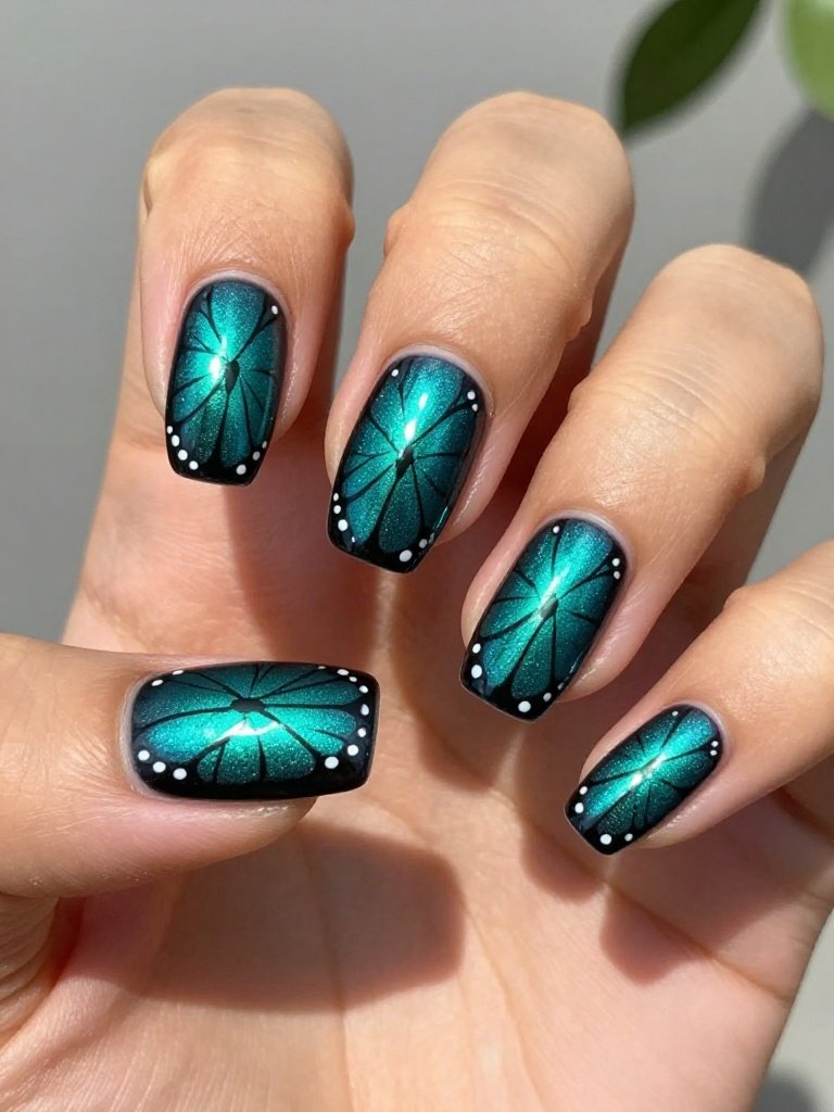 Teal Butterfly Wing Nails With Iridescent Shine