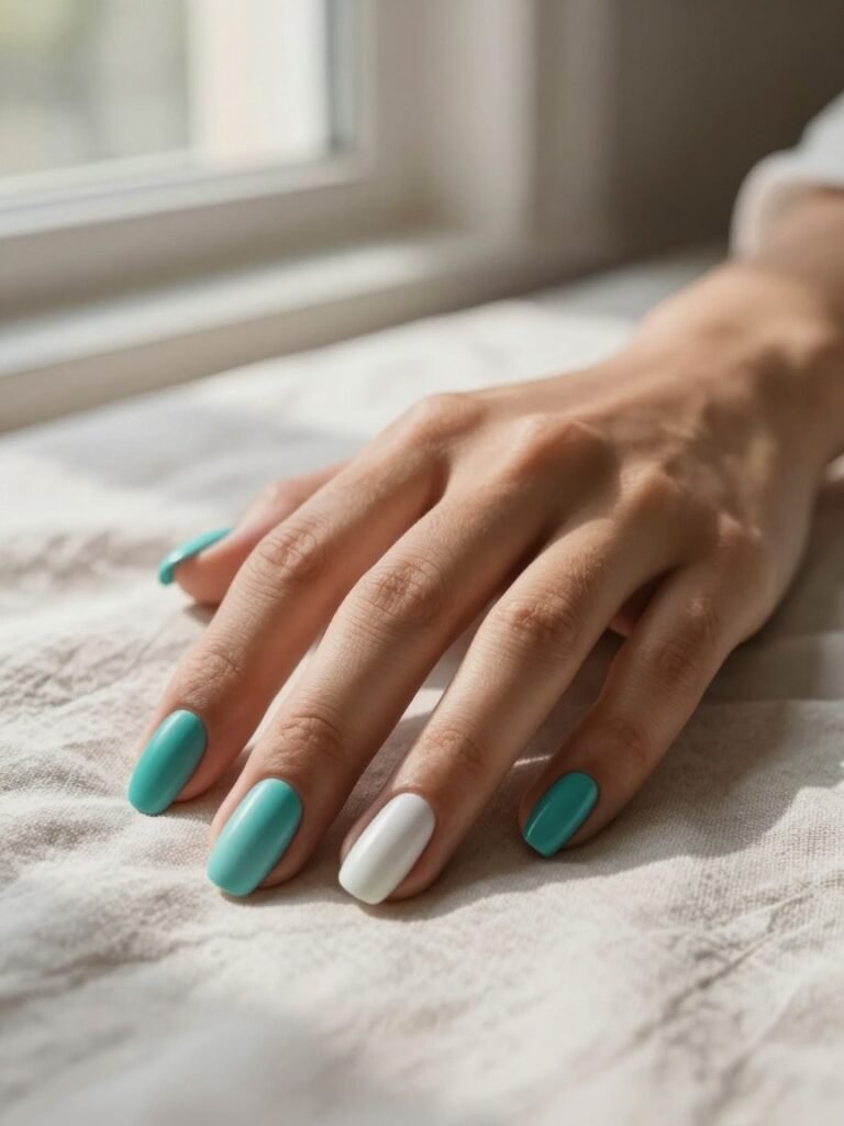 Teal Ombré Nails Fading Into White Tips