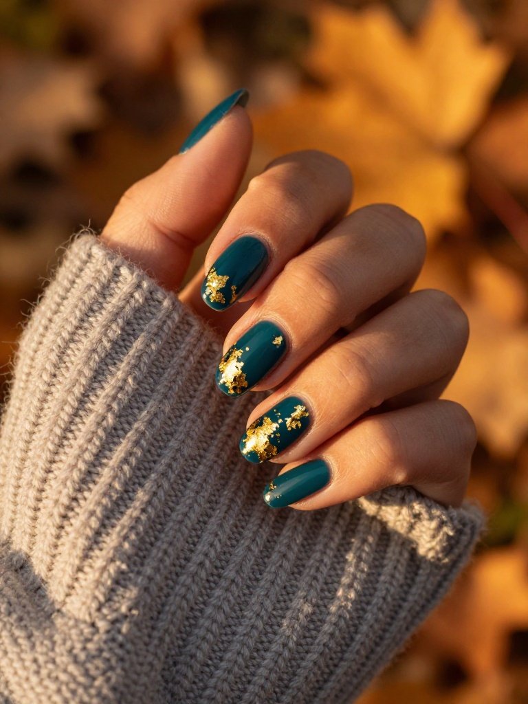 Dark Teal Nail Designs With Gold Foil Flecks
