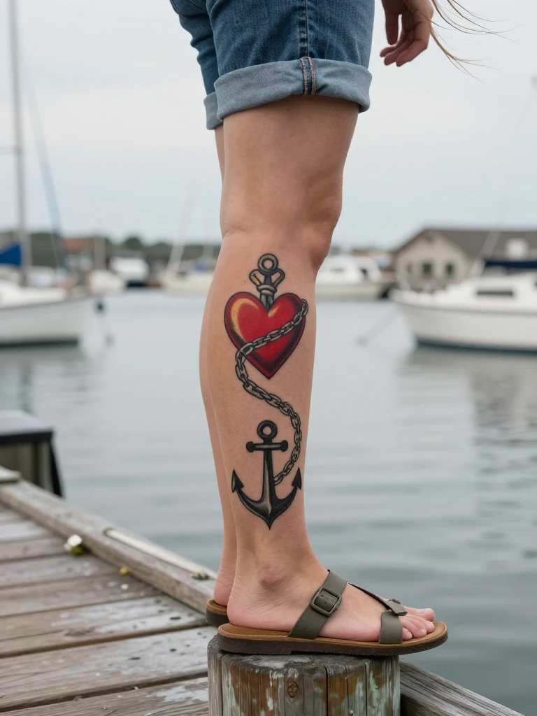 16 Traditional Heart Tattoo Ideas That Still Feel Iconic 6 The Anchor and Chain Traditional Heart Tattoo