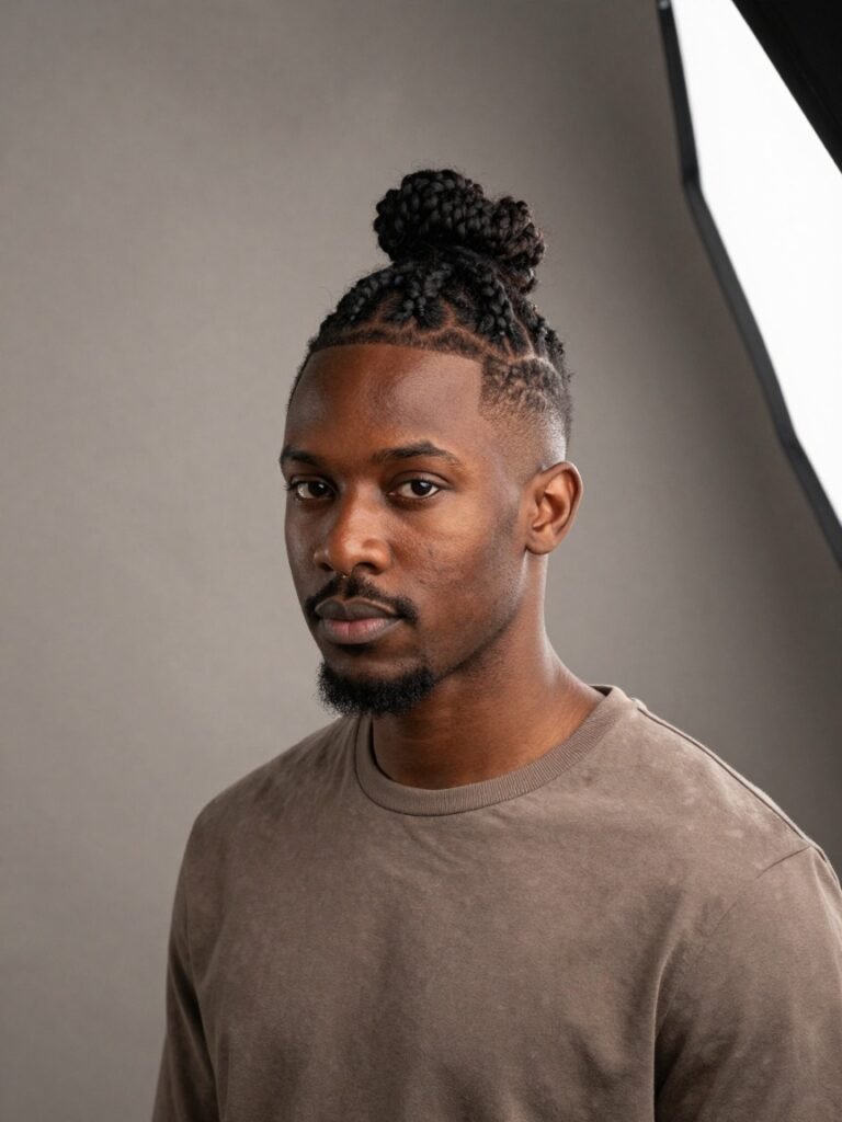Men Braids Hairstyles With Braided Top Knot and Fade