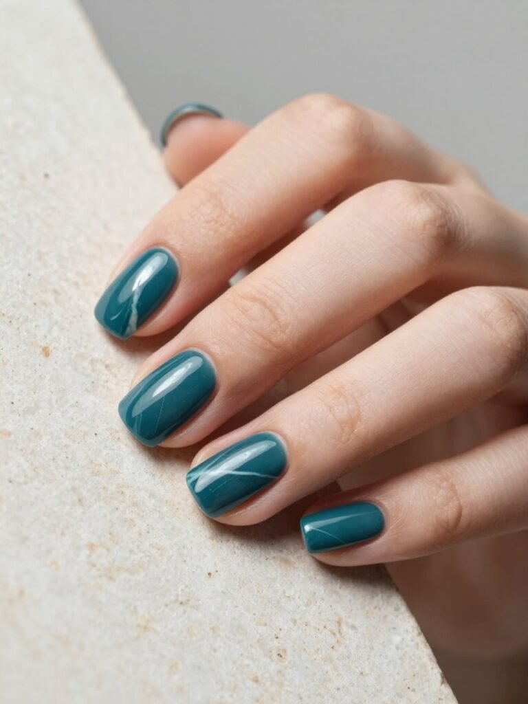 Teal Marble Nails With Veined Detail