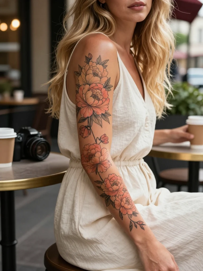 Warm-Tone Peony Sleeve Tattoos Women