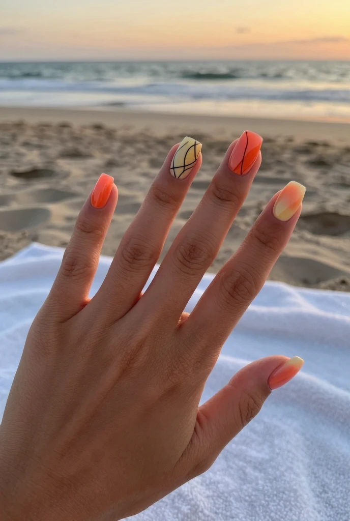 Airbrushed Sunset Acrylic Nails With Abstract Line Art