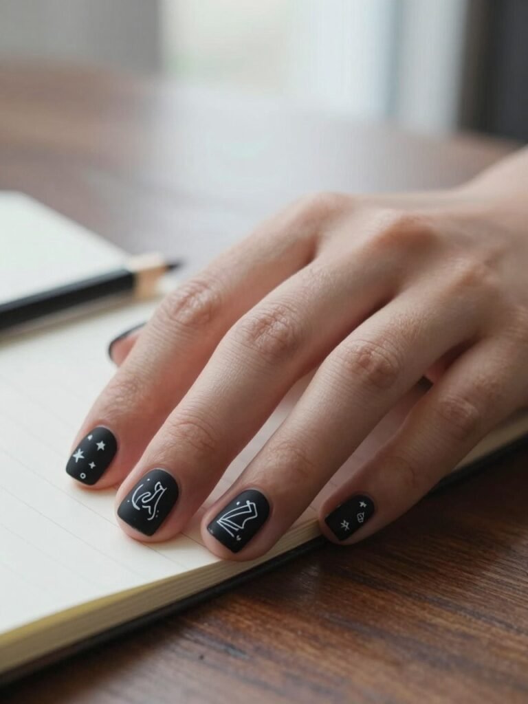 Black Chalkboard Doodle Teacher Nails Designs