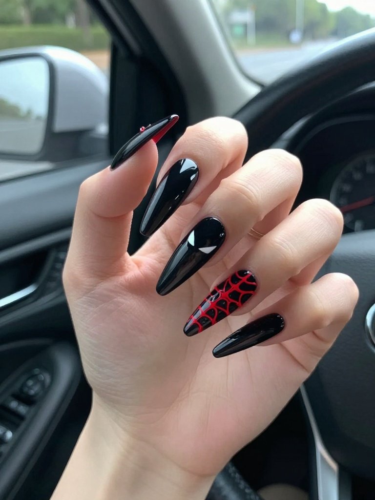 Black-and-Red Spiderweb Stiletto Spiderman Nails