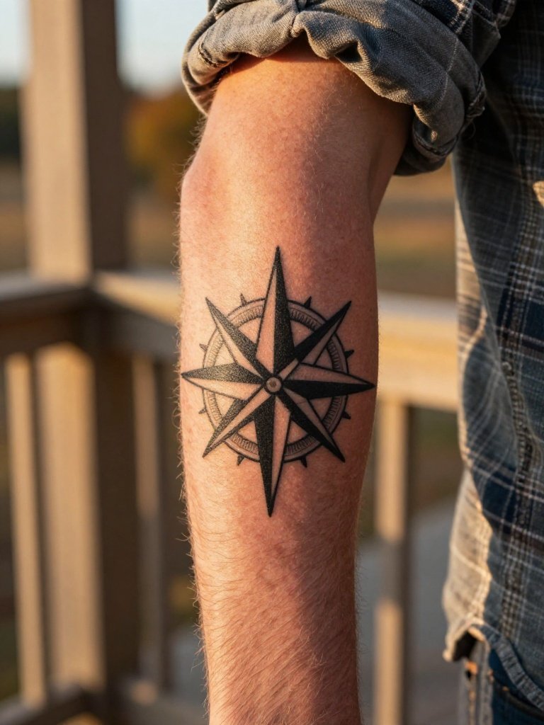 Bold Black Compass Rose Elbow Tattoo For Men
