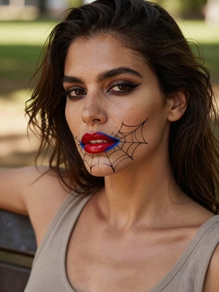 Bold Red Lip Spiderman Makeup With Web Overlay