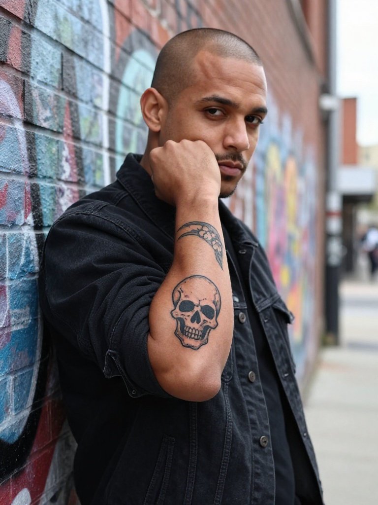 Bold Skull And Bone Elbow Tattoo Classic Traditional Style