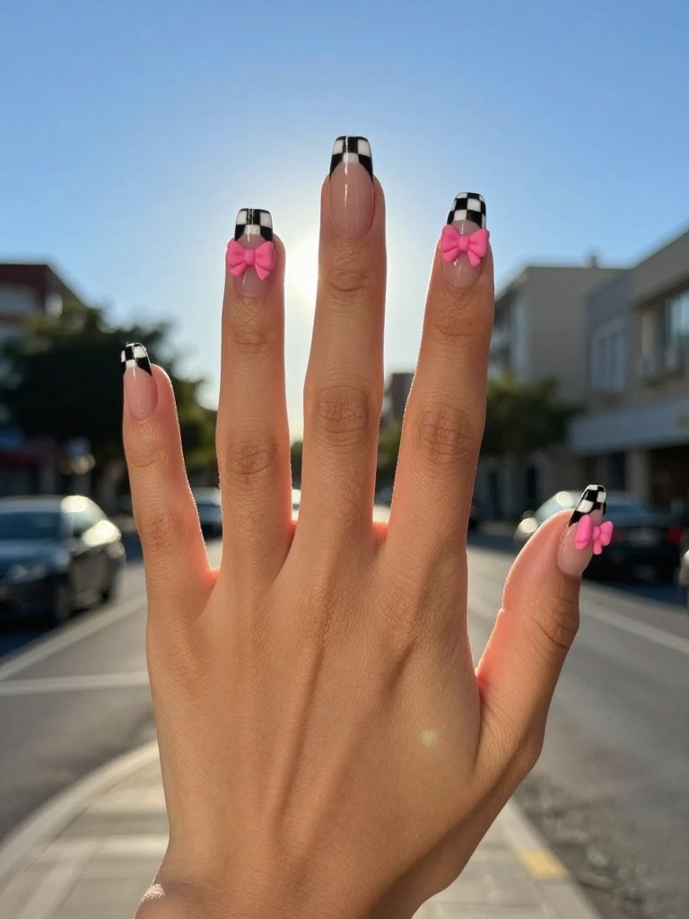 Checkerboard French Acrylic Nails With 3D Bow Charms